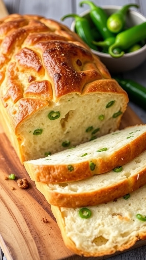 Sliced sourdough jalapeño cheese bread on a wooden board, showcasing cheese and jalapeños inside.